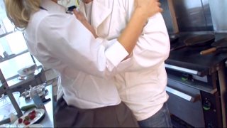 Horny chef Karlie Simon bends over for her co worker in the kitchen Image