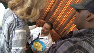 Lovely Blonde MILF Nina Hartley Gets Nailed by a Hung Black Stud as Her Man Eats Popcorn