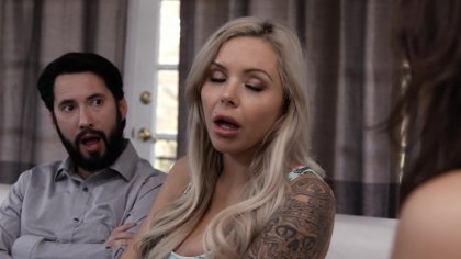Blonde Cougar Cherie DeVille and Young Babysitter Jillian Janson Take the Same Cock