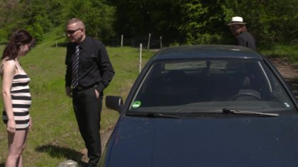 Redhead Fucks Two Guys Outside